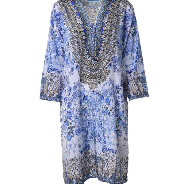BLE TUNIC ΜΕ ΚΟΡΔΟΝΙΑ ΛΕΥΚΟ ΜΠΛΕ ΕΜΠΡΙΜΕ S/M (100% CREPE)