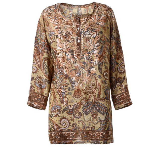 BLE TUNIC/ ΚΑΦΤΑΝΙ ΕΜΠΡΙΜΕ ΜΕ ΜΠΕΖ/ΚΑΦΕ ΣΧΕΔΙΑ ΚΑΙ ΚΟΥΜΠΙΑ ΜΑΚΡΥ ΜΑΝΙΚΙ S/M (28%SILK / 72% POLYESTER)