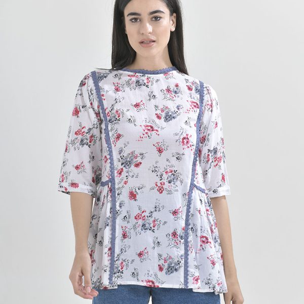BLE ΜΠΛΟΥΖΑ ΛΕΥΚΗ ΜΕ ΚΟΚΚΙΝΑ-ΜΠΛΕ ΣΧΕΔΙΑ ONE SIZE (100% VISCOSE)