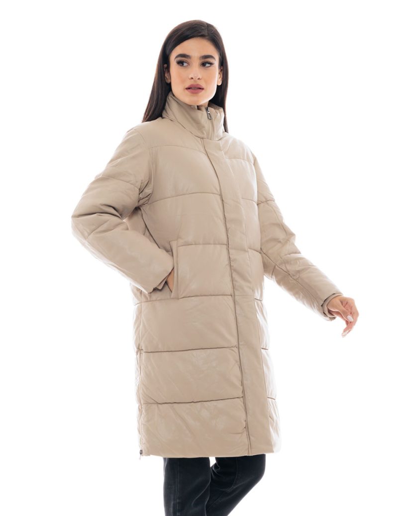 Biston fashion γυναικείο μακρύ μπουφάν με γιακά 48-101-075 BEIGE - Image 2