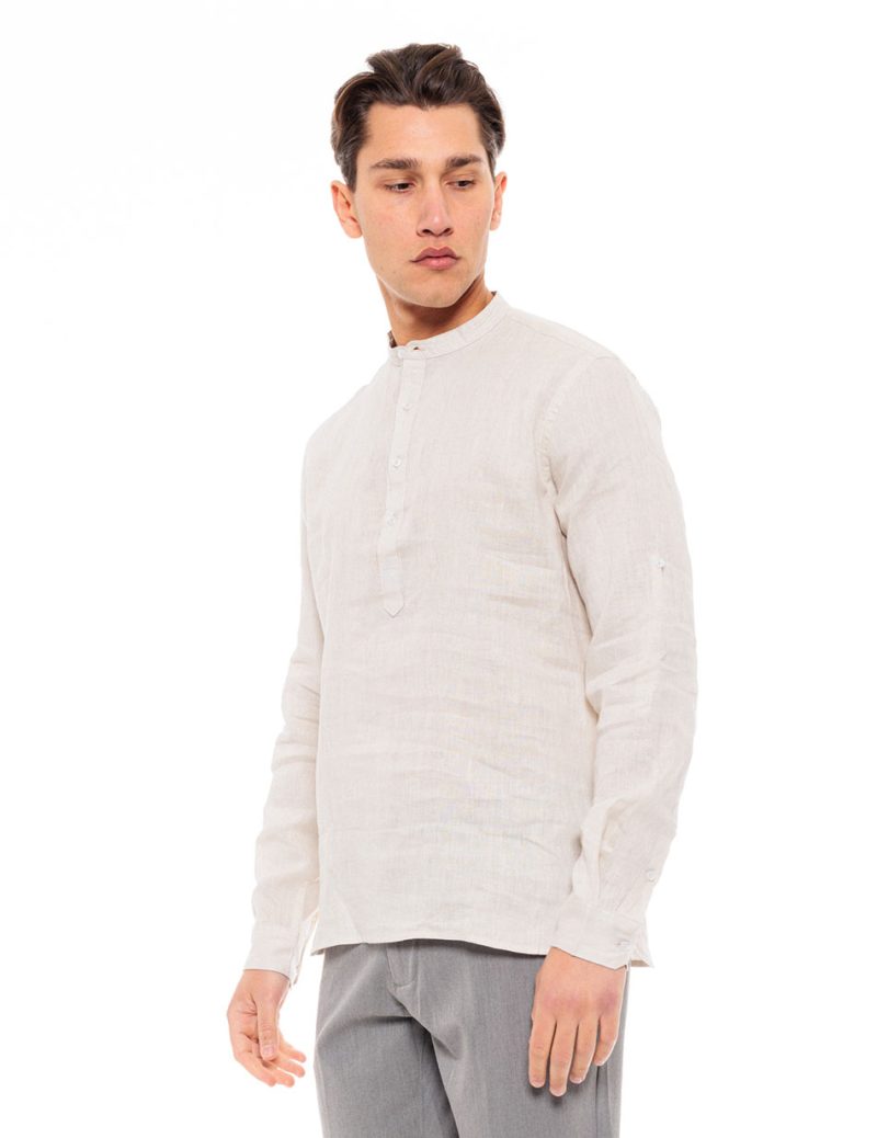 Smart fashion ανδρική λινή μπλούζα με mao γιακά. 49-203-001 LT BEIGE - Image 2