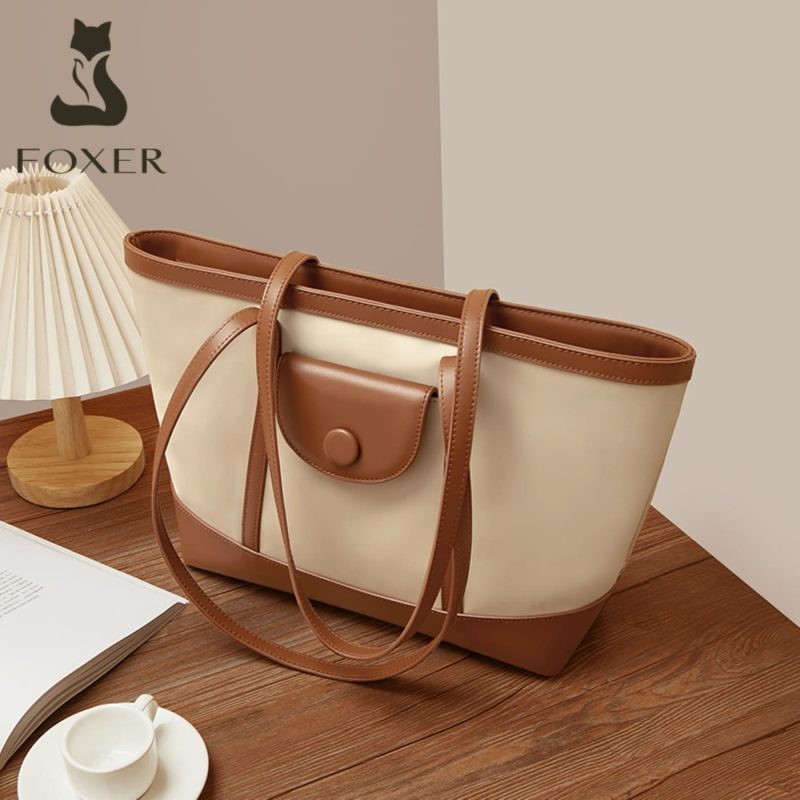 Δερμάτινη Γυναικεία Τσάντα Shopper  Ωμου Foxer 9151041F μπέζ/καφέ - Image 3