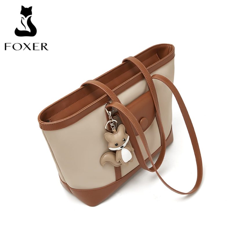 Δερμάτινη Γυναικεία Τσάντα Shopper  Ωμου Foxer 9151041F μπέζ/καφέ - Image 6